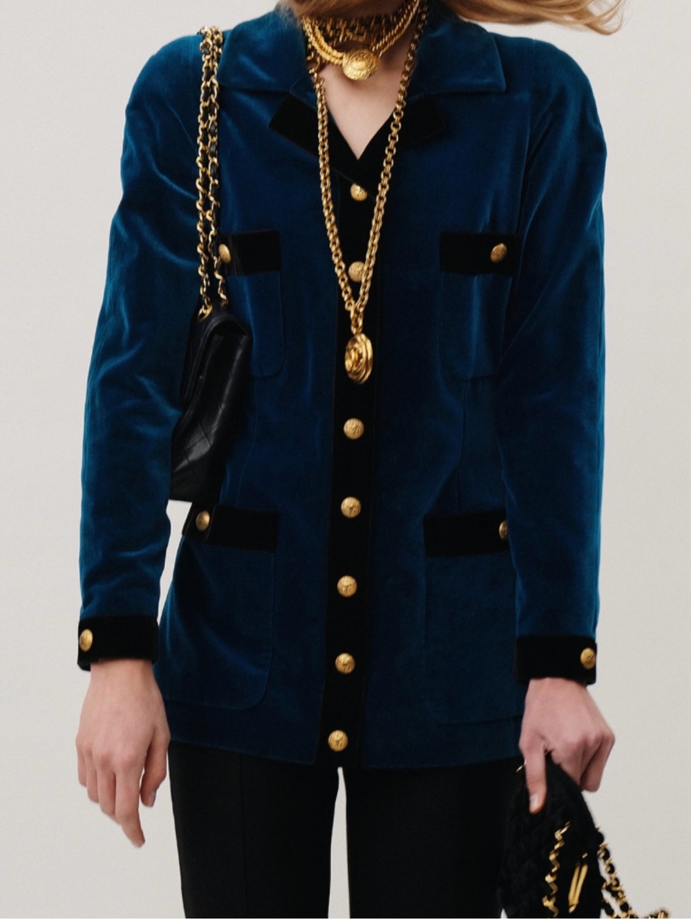 Vtg CHANEL teal blue Velvet Button-Front Jacket Blazer Sz 42